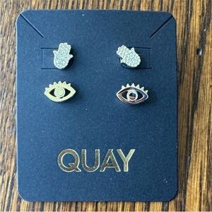 Quay Australia Gold and rhinestone Hamsa and Eye Stud Earrings